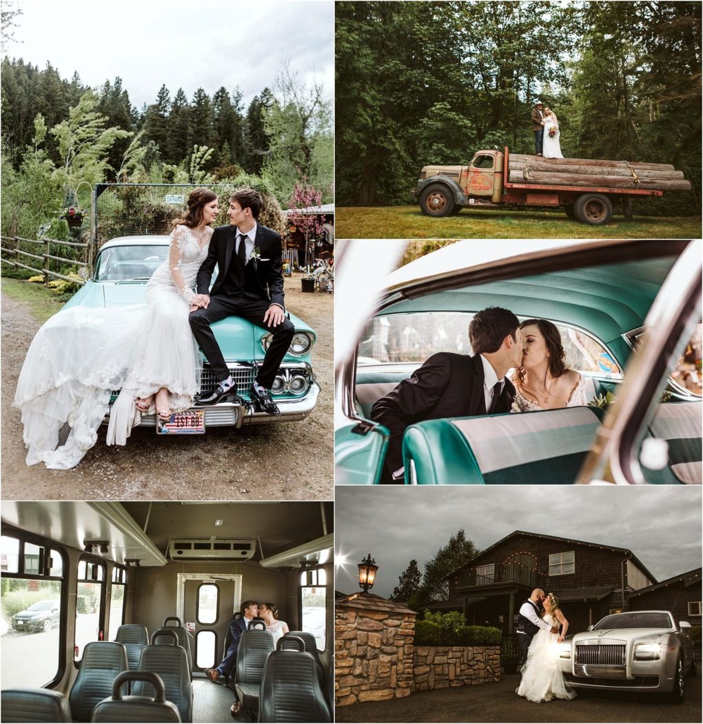 Premier snohomish & seattle wedding photographer | gsquared weddings photography a collage of five snohomish wedding photos a bride and groom sit on a vintage car stand on an old truck kiss inside a classic car sit together on a bus and embrace outside a building near a luxury car | serving snohomish seattle                   & beyond