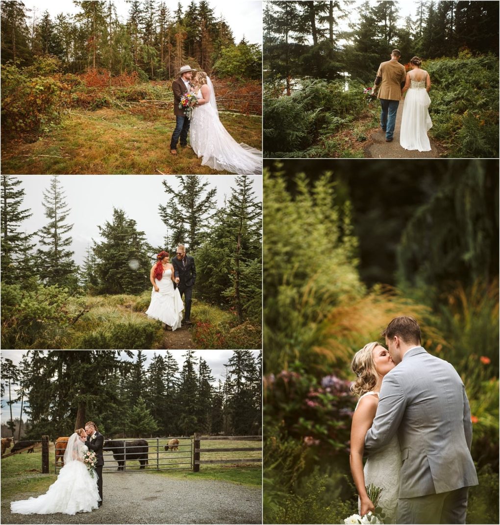 Premier snohomish & seattle wedding photographer | gsquared weddings photography collage of five outdoor snohomish wedding photos featuring couples in wedding attire embracing and walking among lush greenery pine trees and a rustic wooden fence conveying a romantic natural seattle engagement setting | serving snohomish seattle                   & beyond