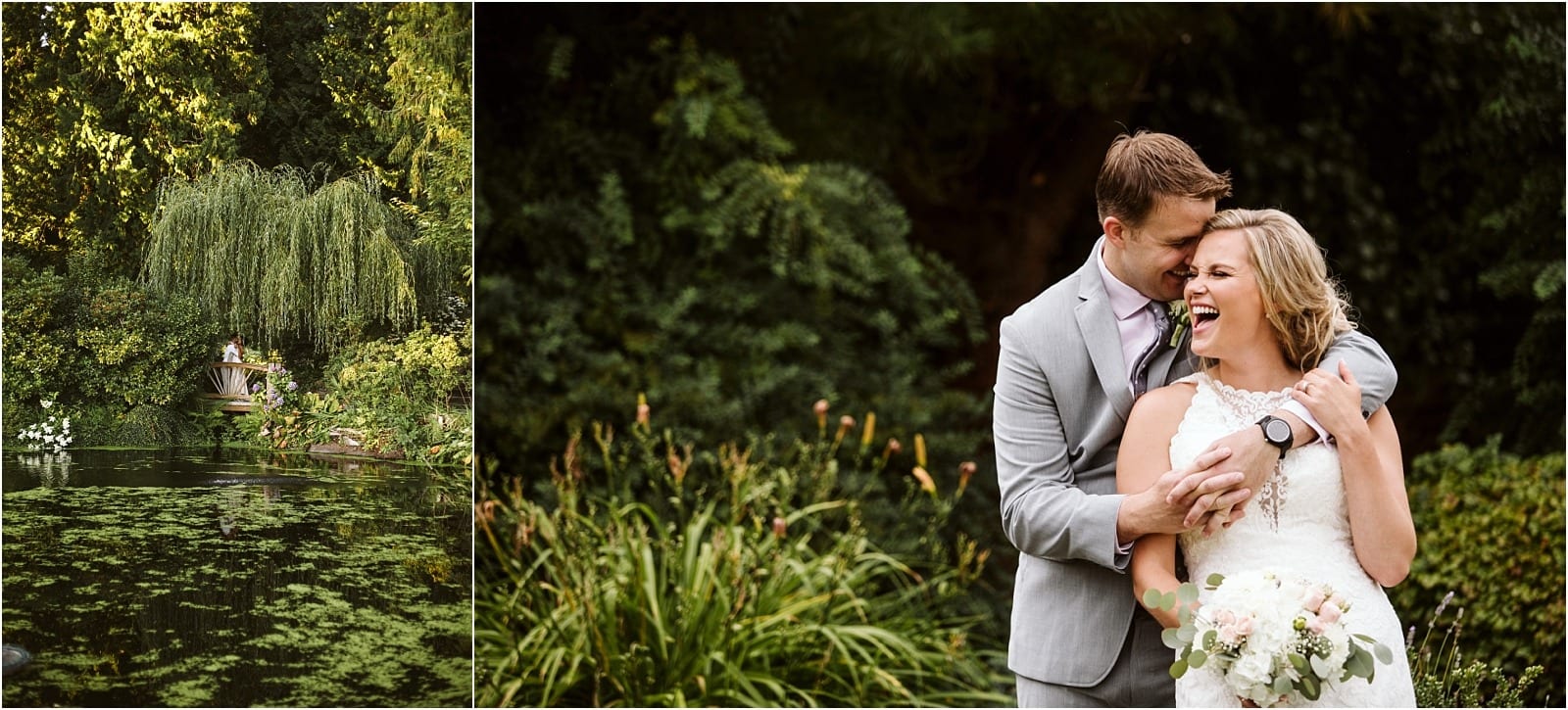 Premier Snohomish & Seattle Wedding Photographer | GSquared Weddings Photography A bride and groom laugh joyfully while embracing in a lush garden during their Snohomish wedding. Nearby, a pond with a weeping willow and greenery creates a peaceful, romantic atmosphere for this Seattle engagement.                                   | Serving Snohomish, Seattle ,                  & Beyond