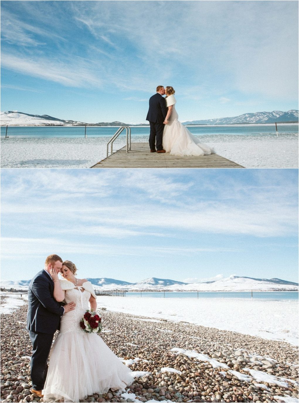 Premier snohomish & seattle wedding photographer | gsquared weddings photography a bride and groom pose outdoors in winter by a snowy lake near snohomish with mountains in the background In one photo they stand on a dock in another they embrace on a rocky snow covered shore | serving snohomish seattle                   & beyond