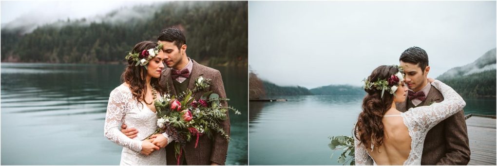 Premier snohomish & seattle wedding photographer | gsquared weddings photography a bride in a lace dress and floral crown embraces her groom in a brown suit by a misty lake surrounded by forested mountains under a cloudy skycapturing the magic of a snohomish seattle wedding | serving snohomish seattle                   & beyond