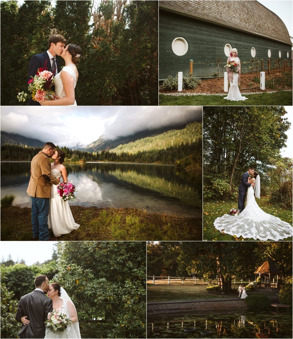 Premier snohomish & seattle wedding photographer | gsquared weddings photography a collage of five snohomish wedding photos shows a bride and groom in outdoor settingsby a lake a barn in wooded areas and beside a pondembracing and posing in wedding attire with flower bouquets | serving snohomish seattle                   & beyond