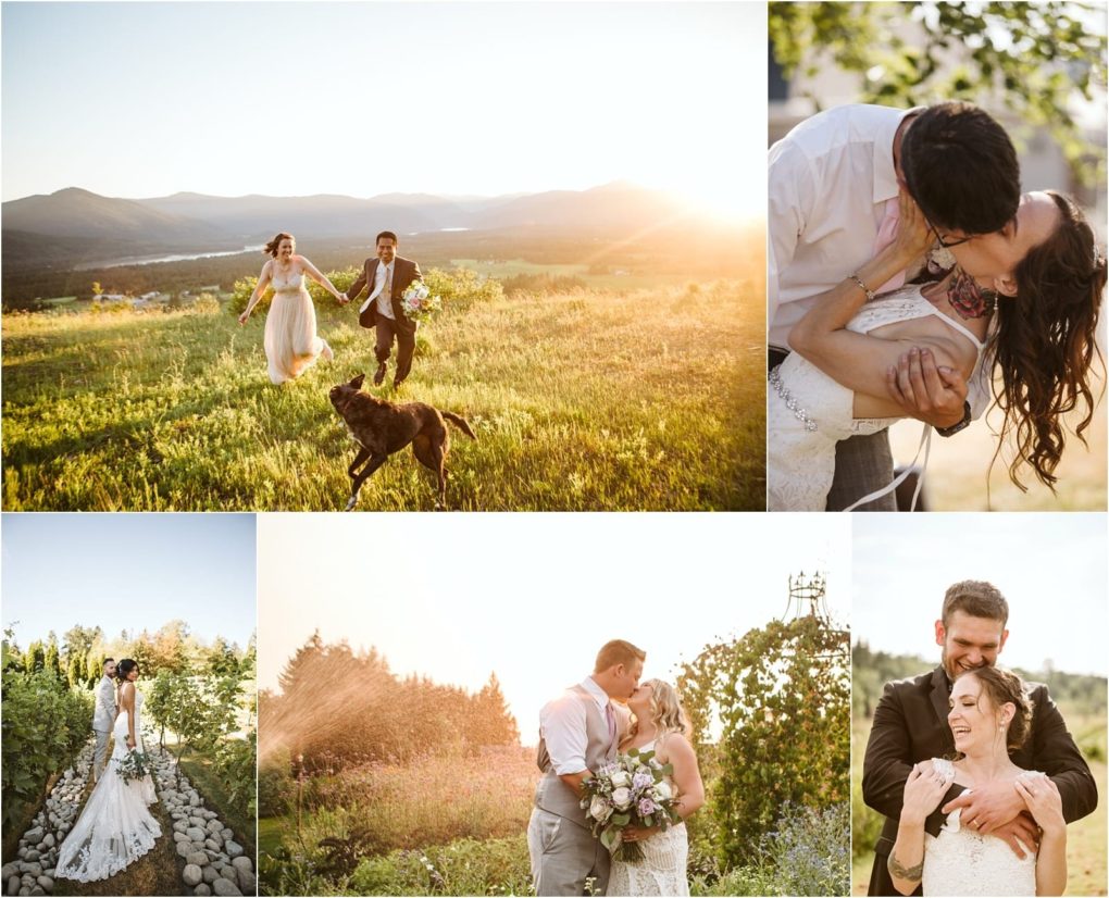 Premier snohomish & seattle wedding photographer | gsquared weddings photography a collage of snohomish wedding photos shows a couple outdoors running with a dog in a sunlit field embracing and kissing walking on a stone path and laughing together at sunset with mountains and trees in the background | serving snohomish seattle                   & beyond