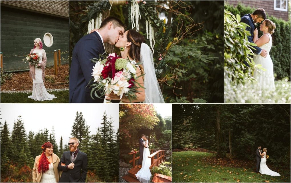 Premier snohomish & seattle wedding photographer | gsquared weddings photography a collage of six snohomish wedding photos features couples in outdoor settingsstanding among trees sharing kisses holding bouquets and embracingwith lush greenery and rustic buildings in the background | serving snohomish seattle                   & beyond