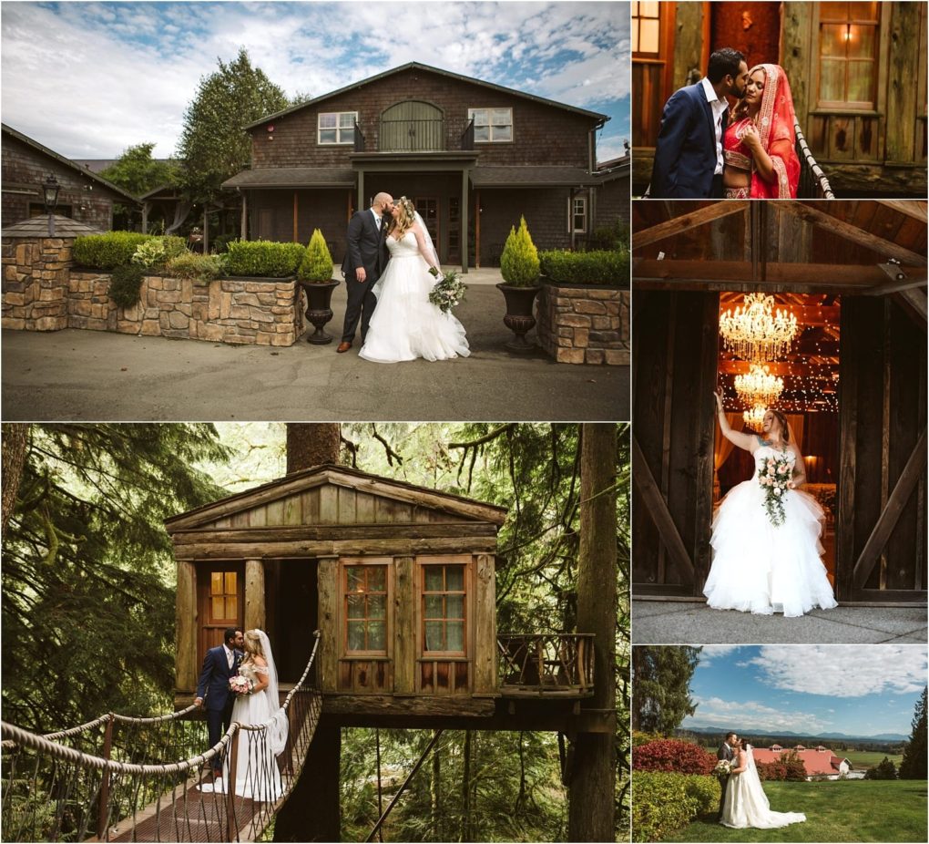 Premier snohomish & seattle wedding photographer | gsquared weddings photography a collage of snohomish wedding photos featuring a bride and groom outside a rustic lodge kissing under chandeliers standing by a treehouse sharing a moment in traditional attire and posing on a green hill under the seattle sky | serving snohomish seattle                   & beyond