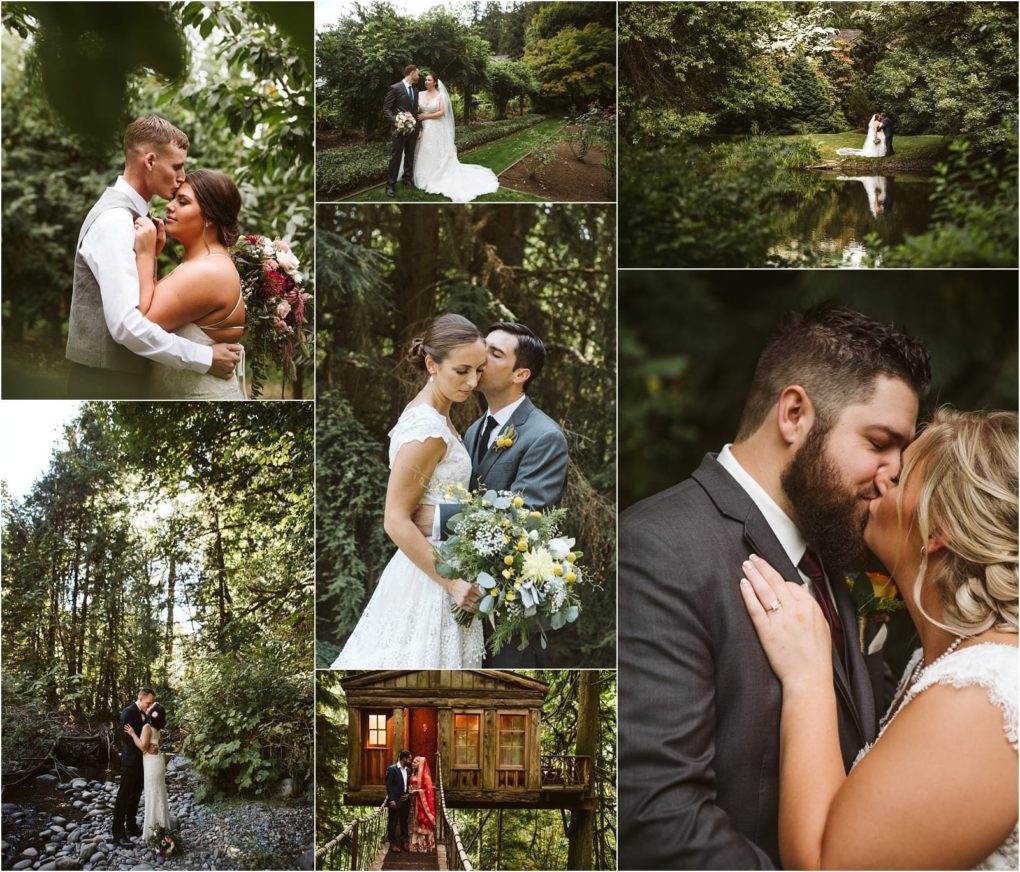 Premier snohomish & seattle wedding photographer | gsquared weddings photography a collage of snohomish and seattle wedding engagement photos featuring couples embracing and kissing in lush green forest settings with one image of a rustic treehouse and another of a bride holding a bouquet | serving snohomish seattle                   & beyond