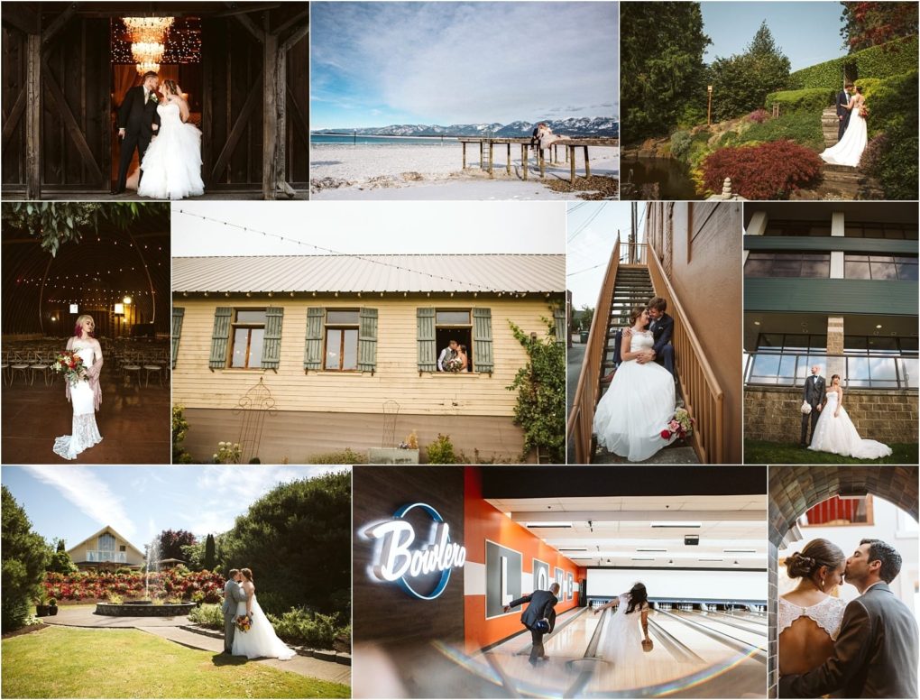 Premier snohomish & seattle wedding photographer | gsquared weddings photography a collage of snohomish and seattle wedding photos shows couples posing in various outdoor and indoor locations including scenic gardens a beach barn bowling alley and modern buildings capturing joyful and romantic engagement moments | serving snohomish seattle                   & beyond