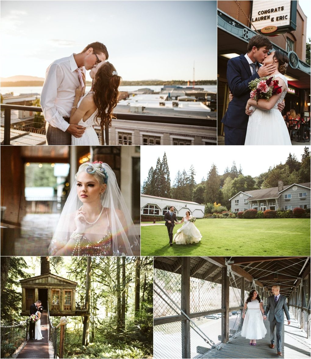Premier snohomish & seattle wedding photographer | gsquared weddings photography a collage of six snohomish wedding photos features a couple sharing a kiss outdoors at sunset holding flowers outside a building the bride alone walking on grass by a treehouse and strolling on a covered bridge | serving snohomish seattle                   & beyond