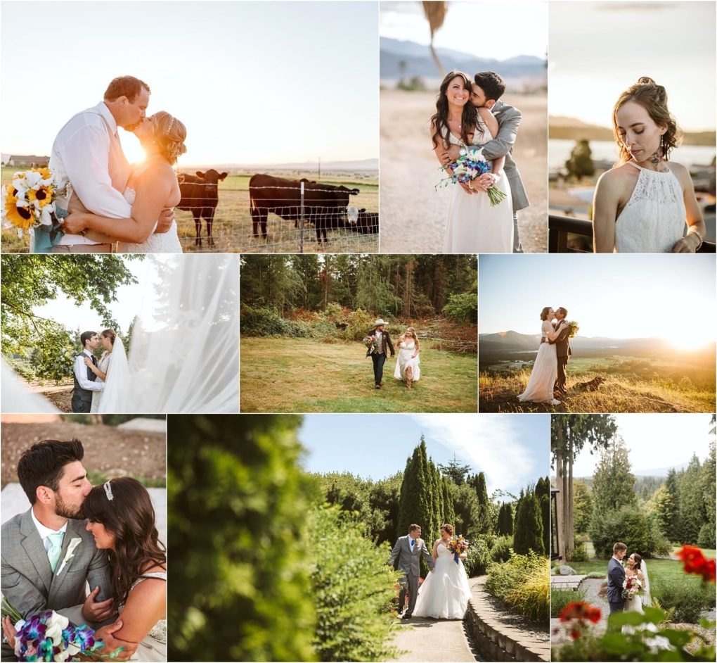 Premier snohomish & seattle wedding photographer | gsquared weddings photography a collage of outdoor wedding photos featuring a snohomish bride and groom in various natural settingsincluding gardens fields and mountainssharing kisses posing and walking together under bright seattle sunlight | serving snohomish seattle                   & beyond