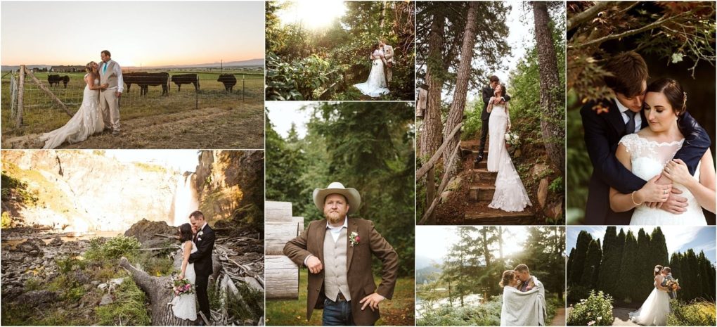 Premier snohomish & seattle wedding photographer | gsquared weddings photography a collage of outdoor snohomish wedding photos featuring a bride and groom in scenic locations with trees mountains cows waterfalls and rustic details one image shows a man in a cowboy hat posing by a fence | serving snohomish seattle                   & beyond