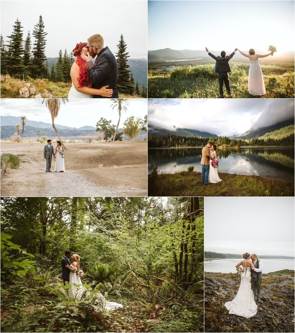 Premier snohomish & seattle wedding photographer | gsquared weddings photography six wedding couples pose in scenic outdoor locations near snohomish and seattle including forests a lakeside a rocky shoreline a mountain overlook a beach and a sunlit field all surrounded by lush greenery and natural landscapes | serving snohomish seattle                   & beyond