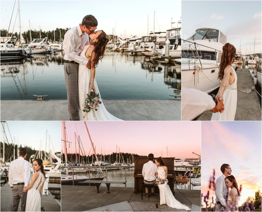 Premier snohomish & seattle wedding photographer | gsquared weddings photography a couple dressed in wedding attire poses affectionately by a marina at sunset for their snohomish seattle wedding Hand in hand they share a kiss and sit together at a piano surrounded by calm water and a pastel sky | serving snohomish seattle                   & beyond