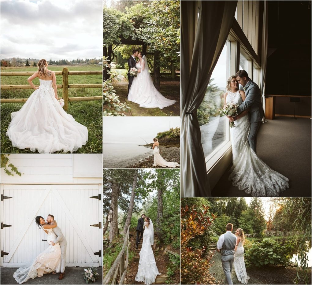 Premier snohomish & seattle wedding photographer | gsquared weddings photography a collage of snohomish and seattle wedding photos features a bride in a white gown and groom in a suit posing in gardens by a lake near a barn door and by a large window highlighting romantic engagement moments | serving snohomish seattle                   & beyond