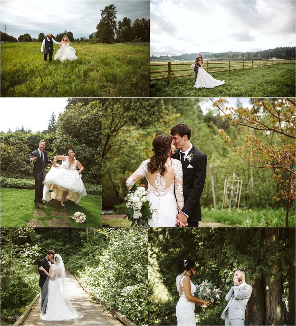 Premier snohomish & seattle wedding photographer | gsquared weddings photography a collage of six outdoor snohomish wedding photos shows a bride and groom posing laughing and embracing in lush fields gardens and wooded paths near seattle on a cloudy day | serving snohomish seattle                   & beyond