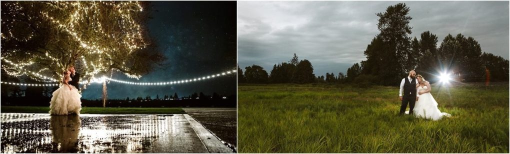 Premier snohomish & seattle wedding photographer | gsquared weddings photography two wedding photos side by side on the left a couple stands under a large light covered tree at night on the right they embrace in a grassy field at dusk A romantic snohomish seattle wedding engagement captured beautifully | serving snohomish seattle                   & beyond
