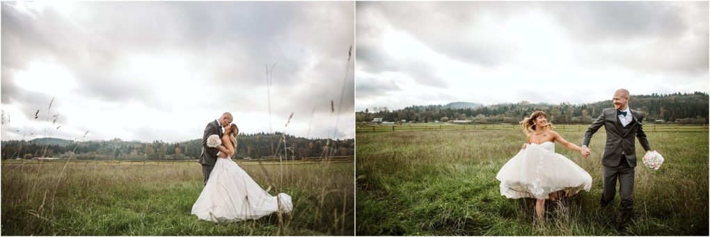 Premier snohomish & seattle wedding photographer | gsquared weddings photography a bride and groom pose in a grassy snohomish field under a cloudy sky In one image they embrace and smile in the other they hold hands and walk the bride lifting her dress and holding a bouquet Rolling hills are in the background | serving snohomish seattle                   & beyond