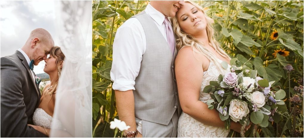 Premier snohomish & seattle wedding photographer | gsquared weddings photography a snohomish bride and groom share intimate moments on the left they touch foreheads under a veil and on the right they embrace in a sunflower field near seattle the bride holding a bouquet of white and lavender flowers | serving snohomish seattle                   & beyond