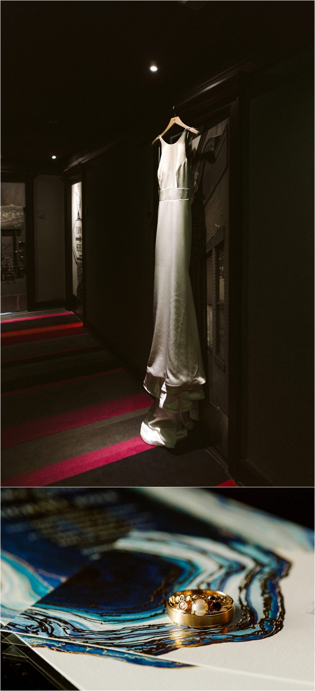 Premier snohomish & seattle wedding photographer | gsquared weddings photography a long white wedding dress hangs on a door in a dimly lit snohomish hallway below a close up of a gold ring with pearls and diamonds rests on a blue and white marbled surfacecapturing the elegance of a seattle wedding engagement | serving snohomish seattle                   & beyond