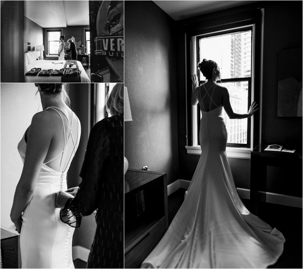 Premier snohomish & seattle wedding photographer | gsquared weddings photography a black and white collage captures a snohomish bride getting ready one image of her gazing out a window in her gown another of her dress being buttoned and a third of her standing in a hotel room with a companion | serving snohomish seattle                   & beyond