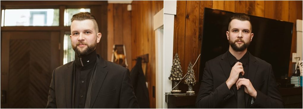 Premier snohomish & seattle wedding photographer | gsquared weddings photography two side by side photos of a man with short hair and a beard wearing a black suit indoors taken at a snohomish seattle wedding venueone shows him smiling the other adjusting his jacket in a warmly lit wood paneled room | serving snohomish seattle                   & beyond