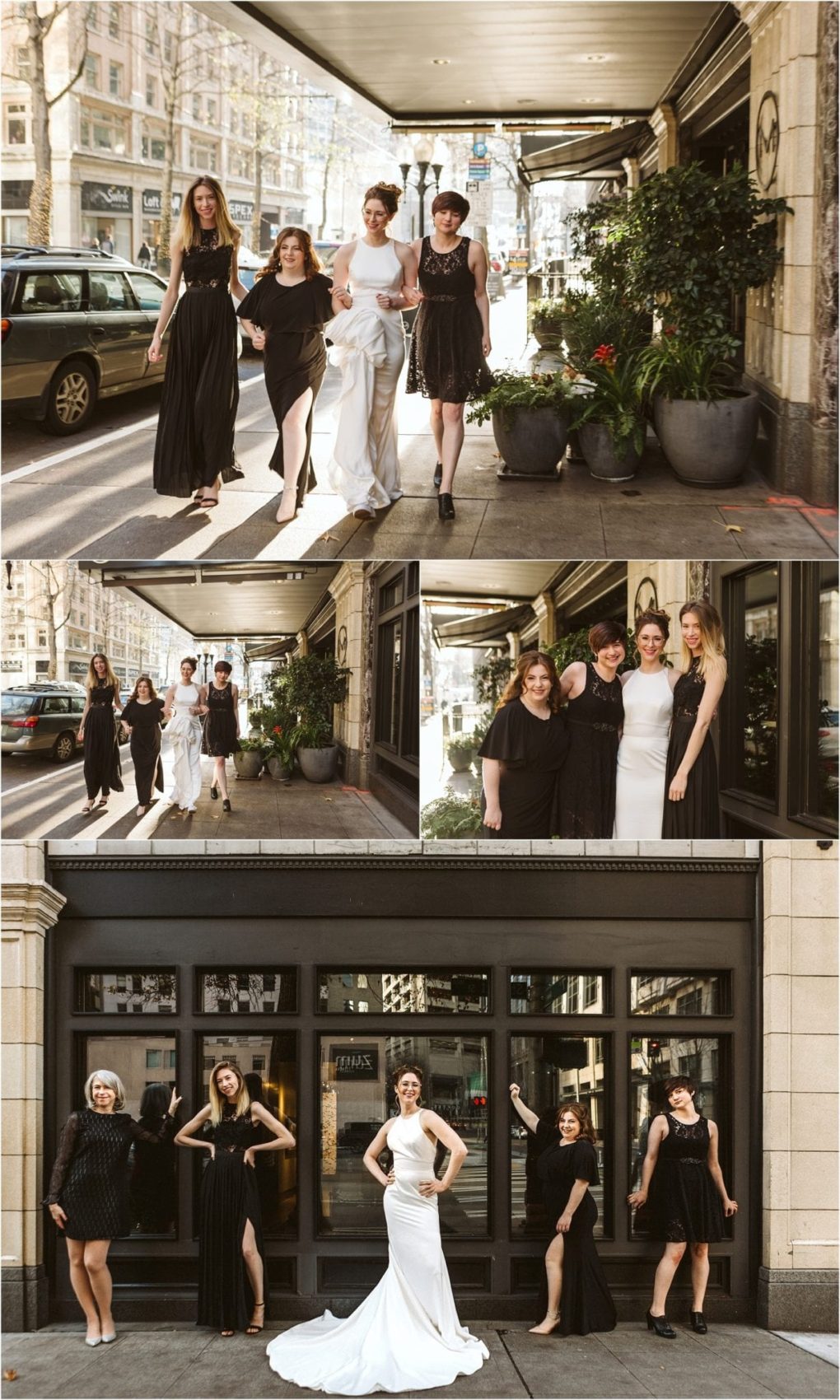 Premier snohomish & seattle wedding photographer | gsquared weddings photography three photos of four joyful stylish womenone in a white dress and three in blackposing together on a city sidewalk and by large windows Perfect inspiration for a snohomish or seattle wedding or engagement session in an urban setting | serving snohomish seattle                   & beyond
