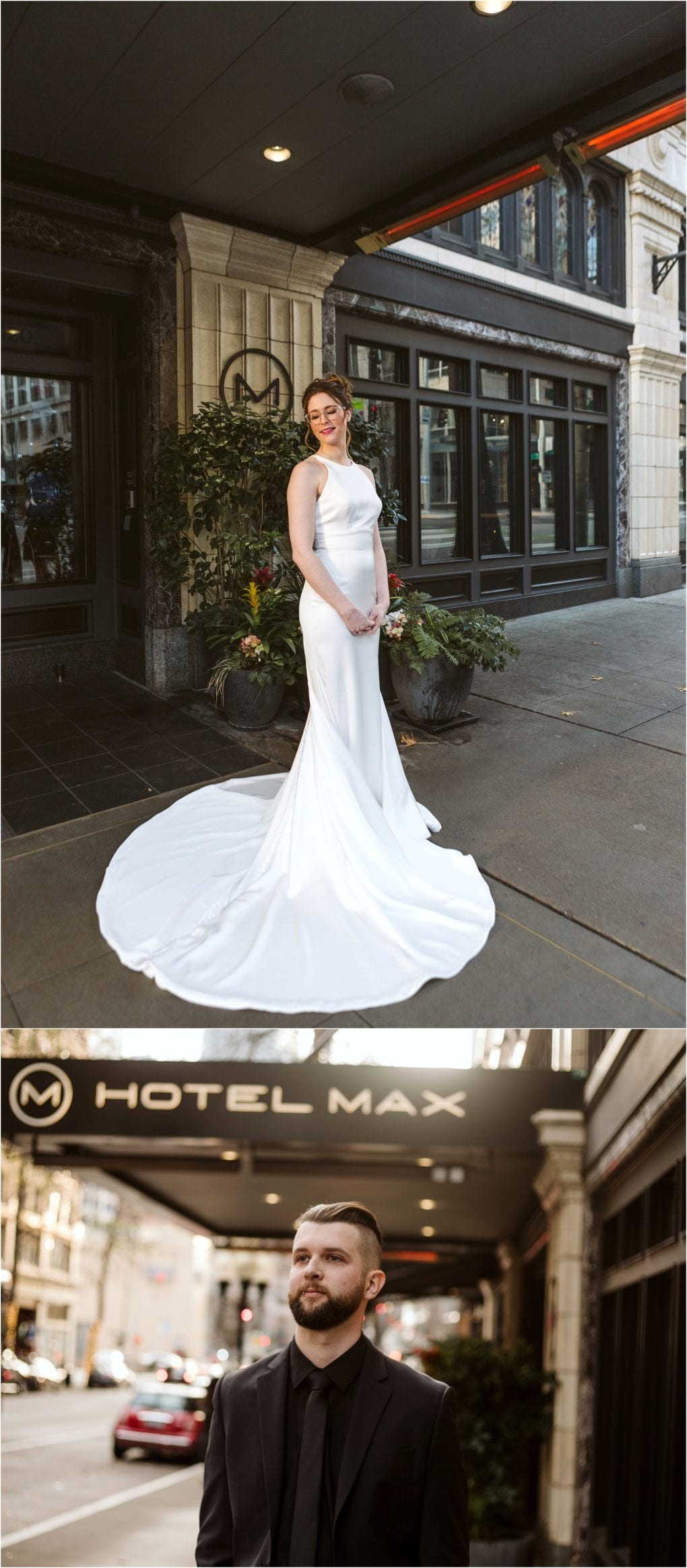 Premier snohomish & seattle wedding photographer | gsquared weddings photography a bride in a white gown stands on the sidewalk outside hotel max hands clasped while her groom in a black suit waits beneath the hotels awning for their romantic seattle wedding engagement | serving snohomish seattle                   & beyond