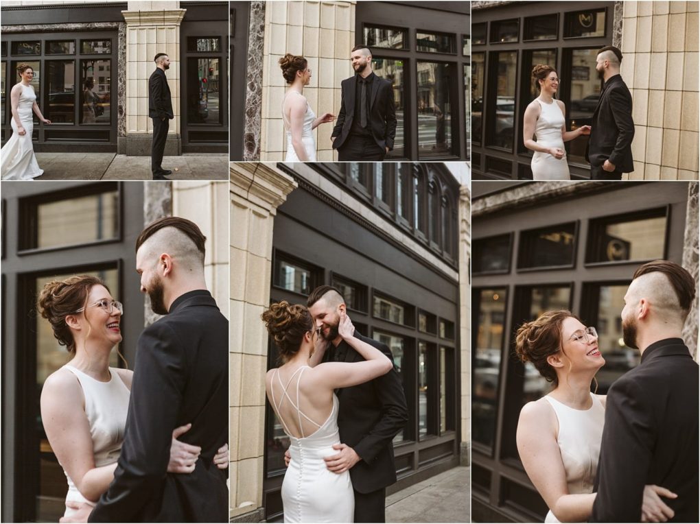 Premier snohomish & seattle wedding photographer | gsquared weddings photography a couple dressed in wedding attire shares joyful and intimate moments outside a building with large windows and stone details They smile laugh and embrace during their unforgettable snohomish seattle wedding day | serving snohomish seattle                   & beyond