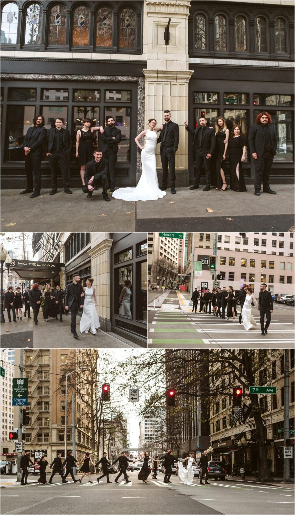 Premier snohomish & seattle wedding photographer | gsquared weddings photography a wedding party dressed in black and white poses outside a city building then walks together through crosswalks on downtown streetscapturing the classic charm of a snohomish seattle wedding with tall buildings and traffic lights in the background | serving snohomish seattle                   & beyond