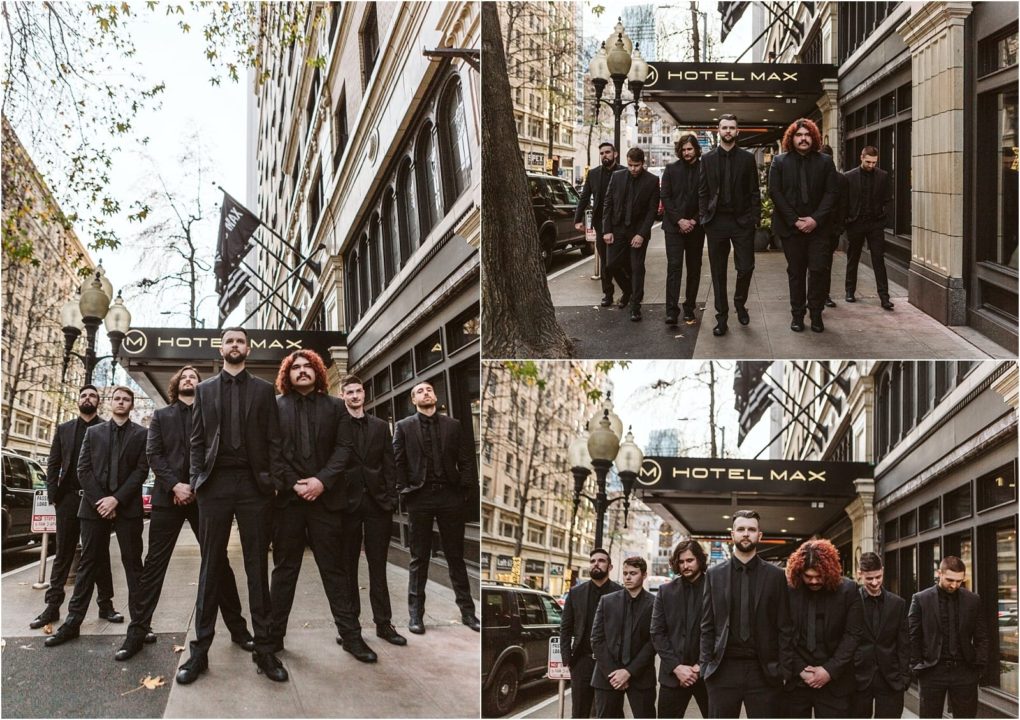 Premier snohomish & seattle wedding photographer | gsquared weddings photography four photos show a group of six men in dark suits standing together on a city sidewalk outside hotel max in seattle The group poses seriously under the hotels black marquee capturing a classic moment before a snohomish wedding engagement | serving snohomish seattle                   & beyond