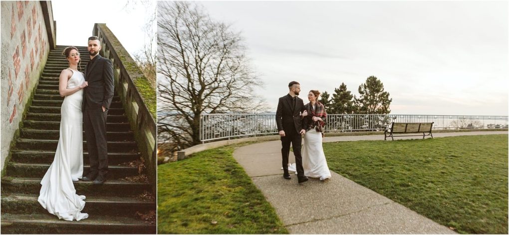 Premier snohomish & seattle wedding photographer | gsquared weddings photography a bride in a white dress and groom in a dark suit pose together on mossy outdoor steps during their snohomish seattle wedding then walk hand in hand through a park near a bench with trees and a city view in the background | serving snohomish seattle                   & beyond