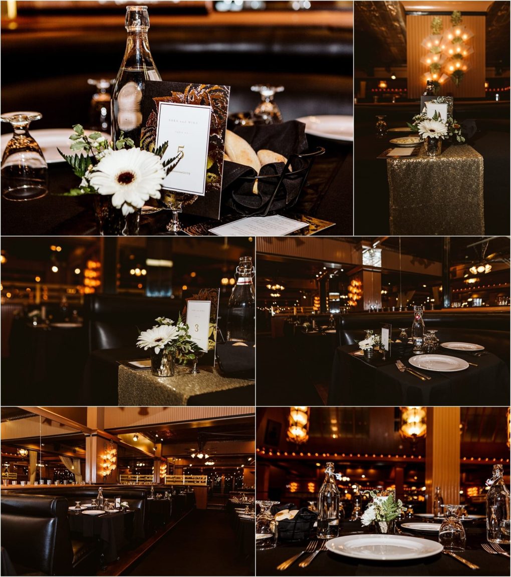 Premier snohomish & seattle wedding photographer | gsquared weddings photography a collage of elegant restaurant table settings with white flowers plates glasses water bottles and bread baskets on black tableclothsperfect for a snohomish seattle wedding or engagementsurrounded by warm lighting and gold decorative accents | serving snohomish seattle                   & beyond