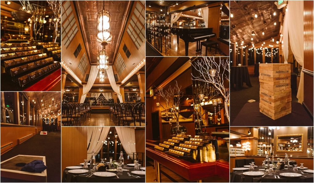 Premier snohomish & seattle wedding photographer | gsquared weddings photography a collage of elegant snohomish and seattle event venue photos featuring a chandelier lit dining area piano dinner tables jenga game name cards and decorative branches with fairy lightsperfect for a warm festive wedding or engagement | serving snohomish seattle                   & beyond
