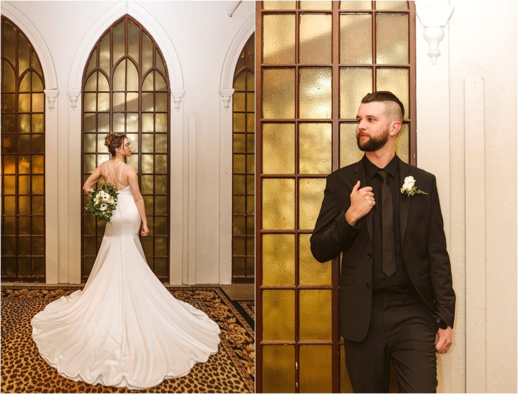 Premier snohomish & seattle wedding photographer | gsquared weddings photography split image on the left a bride in a white gown holds a bouquet and faces tall arched windows on the right a groom in a black suit stands by matching windows A timeless snohomish seattle wedding moment captured in elegant contrast | serving snohomish seattle                   & beyond