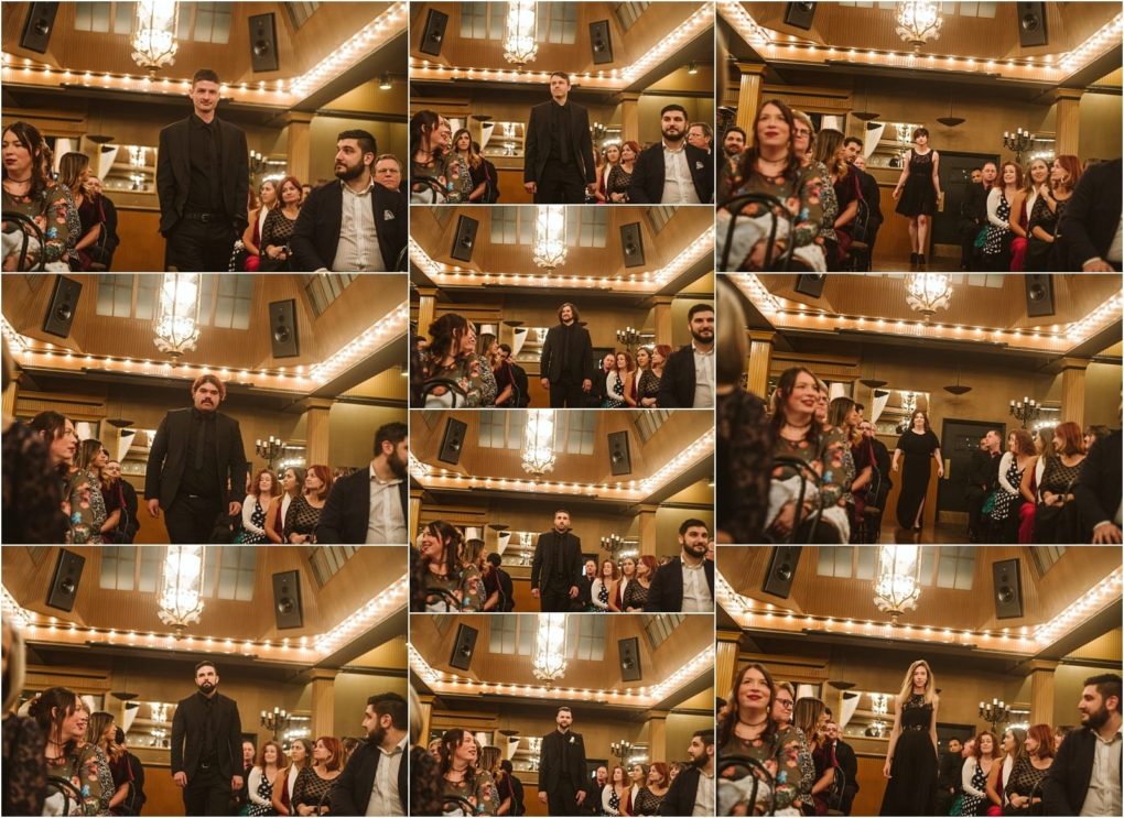 Premier snohomish & seattle wedding photographer | gsquared weddings photography a collage of twelve photos shows people walking in a warmly lit room with wooden walls spotlights and an audience seated on both sides creating the feel of a snohomish seattle wedding engagement or formal fashion show | serving snohomish seattle                   & beyond