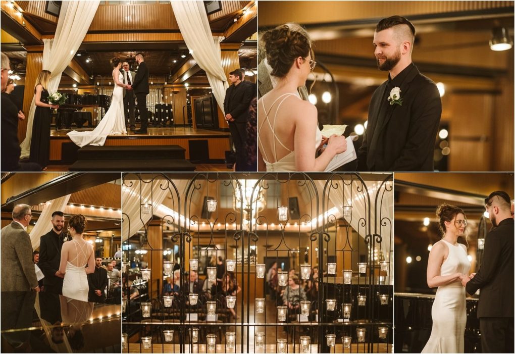 Premier snohomish & seattle wedding photographer | gsquared weddings photography a collage of snohomish wedding photos shows a bride and groom exchanging vows and rings smiling at each other and standing together in an elegant warmly lit venue with candles and guests watching the ceremony | serving snohomish seattle                   & beyond
