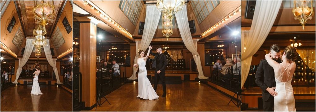 Premier snohomish & seattle wedding photographer | gsquared weddings photography a bride in a white dress and groom in a black suit share their first dance at an elegant snohomish venue near seattle warmly lit with chandeliers and wood floors surrounded by guestscapturing the magic of their wedding engagement | serving snohomish seattle                   & beyond