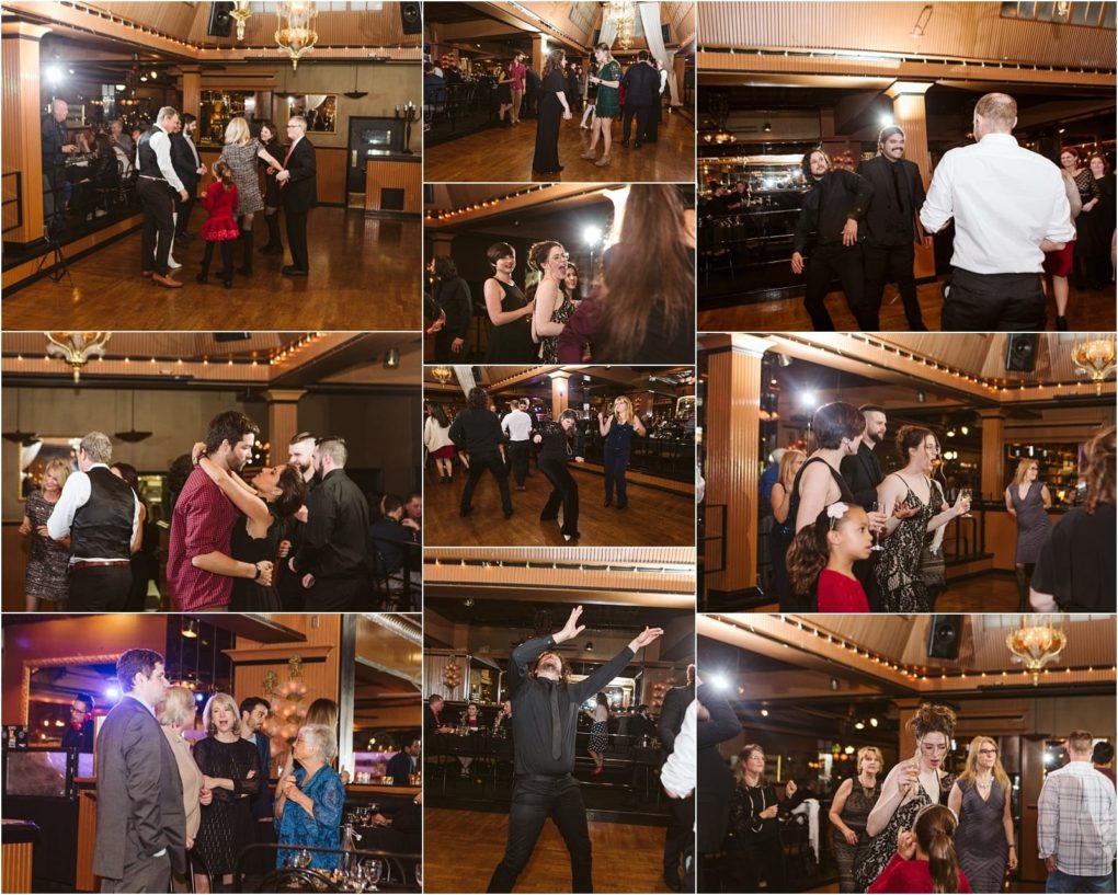 Premier snohomish & seattle wedding photographer | gsquared weddings photography a collage of photos shows people dressed in formal and semi formal attire dancing talking and enjoying themselves at a lively snohomish seattle wedding engagement with warm lighting and a mirrored wall | serving snohomish seattle                   & beyond