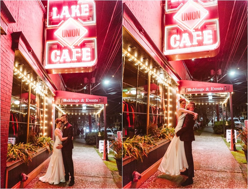 Premier snohomish & seattle wedding photographer | gsquared weddings photography a newlywed couple embraces and smiles under the glowing neon sign of lake union cafe at night surrounded by string lights and wedding decorationscapturing the magic of a seattle wedding moment | serving snohomish seattle                   & beyond