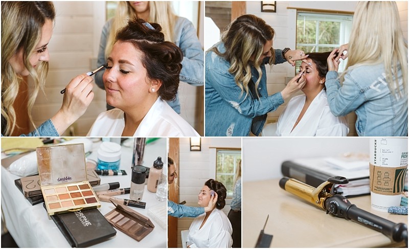 Premier snohomish & seattle wedding photographer | gsquared weddings photography a woman in a white robe gets her makeup and hair done by a stylist before her snohomish engagement Close ups show makeup palettes brushes skincare products and a curling iron in a bright cozy room with natural light | serving snohomish seattle                   & beyond