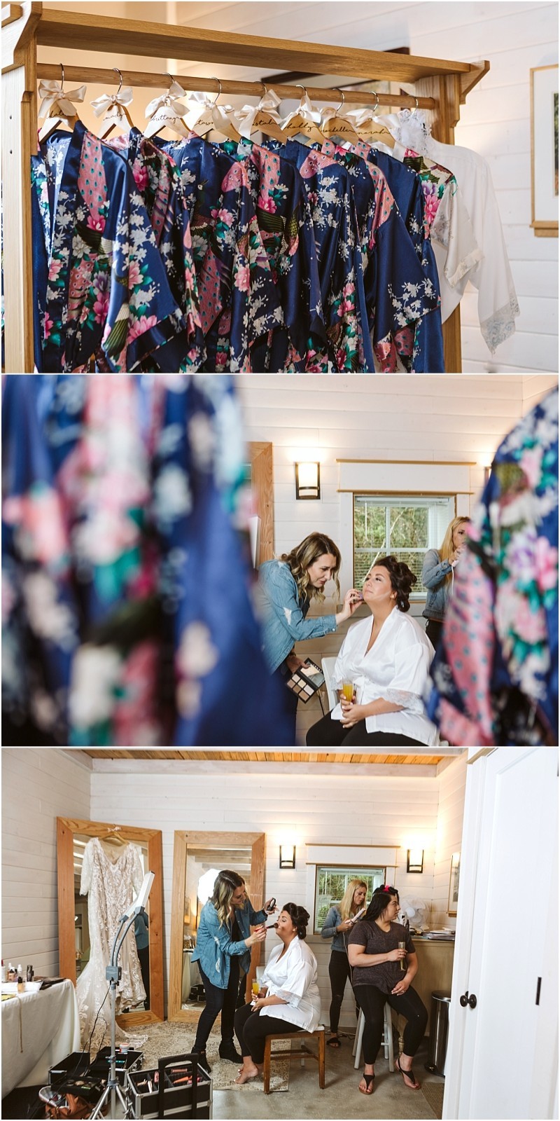 Premier snohomish & seattle wedding photographer | gsquared weddings photography a row of floral robes hangs on a rack women apply makeup to a bride holding a drink as friends chat and do each others makeup in a bright room with wedding gowns capturing joyful moments before a snohomish seattle wedding engagement | serving snohomish seattle                   & beyond