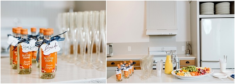 Premier snohomish & seattle wedding photographer | gsquared weddings photography small bottles of sutter home moscato each with a name tag are arranged next to champagne flutes on a kitchen counter for a snohomish seattle wedding engagement Nearby juice fruit and utensils are set out for the gathering | serving snohomish seattle                   & beyond