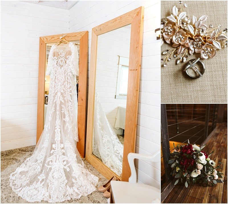 Premier snohomish & seattle wedding photographer | gsquared weddings photography a lace wedding dress hangs on a mirror next to it close ups show a floral hairpiece with rings and a bouquet of red and white flowers on a wooden floorperfect details for a snohomish seattle wedding engagement | serving snohomish seattle                   & beyond