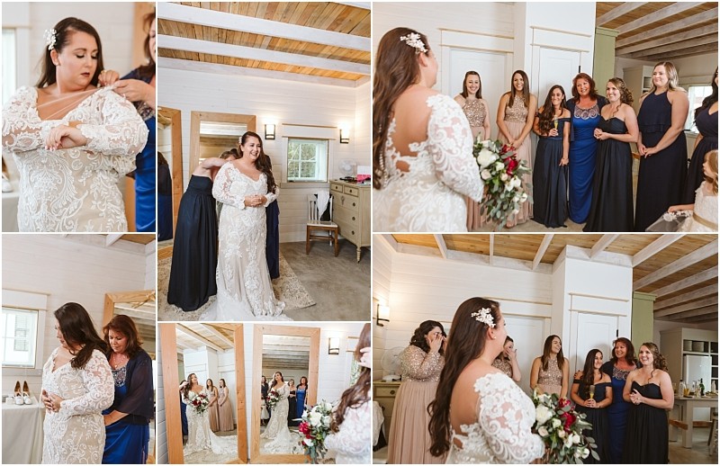 Premier snohomish & seattle wedding photographer | gsquared weddings photography a bride in a lace wedding dress gets ready for her snohomish wedding with help from her mother and bridesmaids sharing hugs and smiles in a bright room with wooden accents and large mirrors | serving snohomish seattle                   & beyond