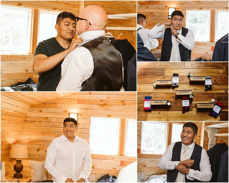 Premier snohomish & seattle wedding photographer | gsquared weddings photography a collage shows men getting ready in a cozy sunlit cabin before a snohomish seattle wedding one adjusts anothers tie another puts on a shirt hangs jackets and smiles while buttoning his suit amid visible clothing and accessories | serving snohomish seattle                   & beyond