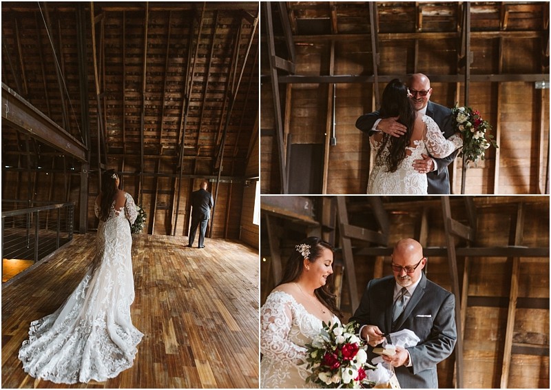 Premier snohomish & seattle wedding photographer | gsquared weddings photography a bride in a lace gown has a heartfelt first look with her father in a rustic snohomish barn They embrace and share an emotional moment with the father holding a tissue and bouquet at this unforgettable seattle wedding | serving snohomish seattle                   & beyond