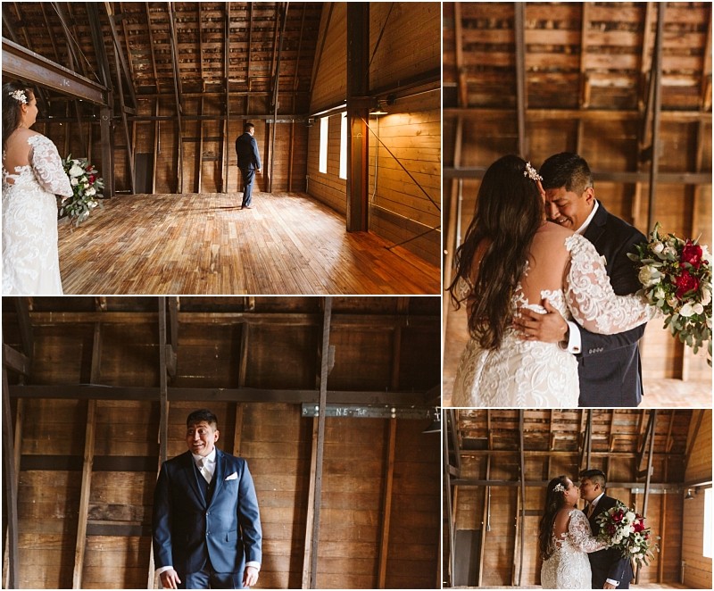 Premier snohomish & seattle wedding photographer | gsquared weddings photography a bride and groom share an emotional first look in a rustic wooden room at their snohomish seattle wedding The bride wears a lace gown with red flowers while the groom in a blue suit smiles as they embrace | serving snohomish seattle                   & beyond