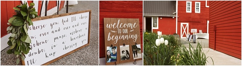 Premier snohomish & seattle wedding photographer | gsquared weddings photography three photos a white sign with handwritten script a wooden welcome to our beginning sign with engagement photos and a view of a red barn near snohomish with tulips and an outdoor wedding table setup | serving snohomish seattle                   & beyond