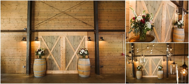 Premier snohomish & seattle wedding photographer | gsquared weddings photography a rustic snohomish barn venue with wooden walls and large sliding doors flanked by wine barrels topped with vases of flowers Small hanging lights and close ups of the decor make it perfect for a seattle wedding or engagement | serving snohomish seattle                   & beyond