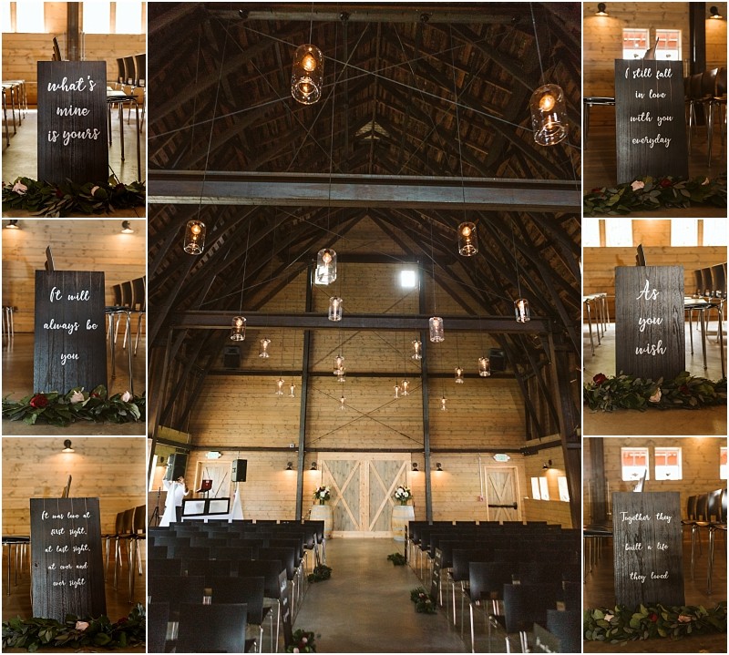 Premier snohomish & seattle wedding photographer | gsquared weddings photography interior of a rustic barn wedding venue near snohomish with wooden beams hanging lights and rows of black chairs Charming wooden signs feature romantic quotes in white calligraphy perfect for a seattle wedding or engagement celebration | serving snohomish seattle                   & beyond