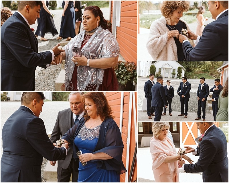 Premier snohomish & seattle wedding photographer | gsquared weddings photography a collage of five photos shows people in formal attire outdoors placing corsages on wrists and jackets near a red barn building suggesting a special occasionpossibly a snohomish or seattle wedding or engagement | serving snohomish seattle                   & beyond
